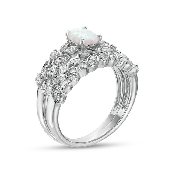 Oval Lab-Created Opal and White Lab-Created Sapphire Double Row Leaf Shank Bridal Set in Sterling Silver