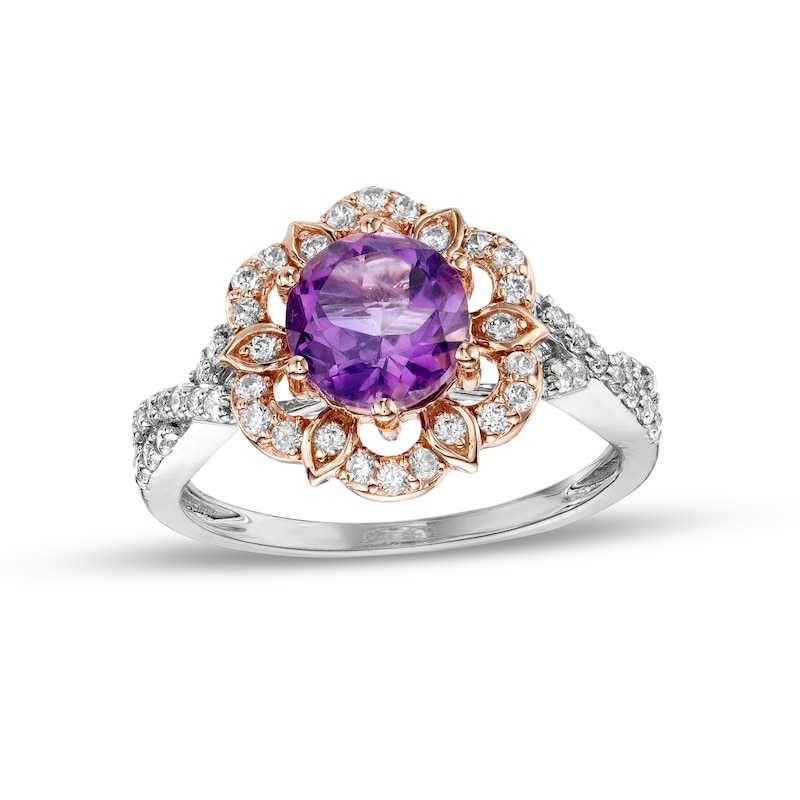 7.0mm Amethyst and 0.29 CT. T.W. Diamond Petal Frame Twist Shank Flower Ring in 10K Two-Tone Gold