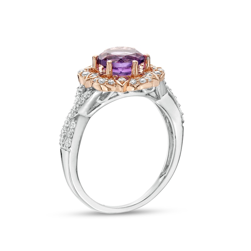 7.0mm Amethyst and 0.29 CT. T.W. Diamond Petal Frame Twist Shank Flower Ring in 10K Two-Tone Gold