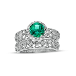 7.0mm Lab-Created Emerald and White Lab-Created Sapphire Frame Leaf Shank Vintage-Style Bridal Set in Sterling Silver