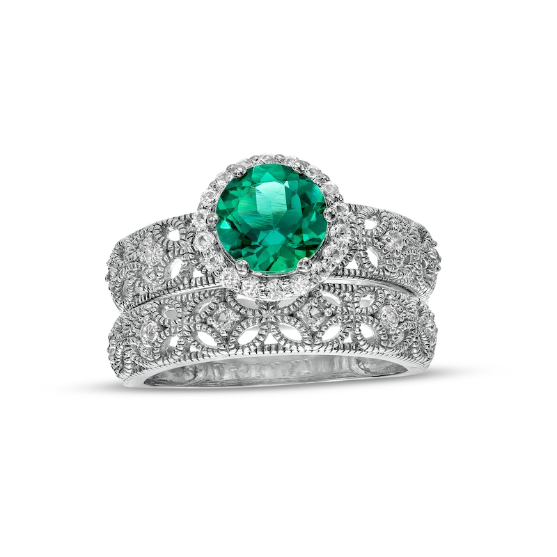Main Image 1 of 7.0mm Lab-Created Emerald and White Lab-Created Sapphire Frame Leaf Shank Vintage-Style Bridal Set in Sterling Silver