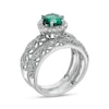 Thumbnail Image 3 of 7.0mm Lab-Created Emerald and White Lab-Created Sapphire Frame Leaf Shank Vintage-Style Bridal Set in Sterling Silver
