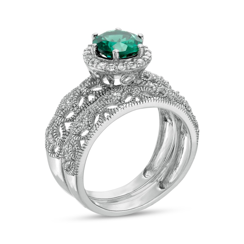 Main Image 3 of 7.0mm Lab-Created Emerald and White Lab-Created Sapphire Frame Leaf Shank Vintage-Style Bridal Set in Sterling Silver