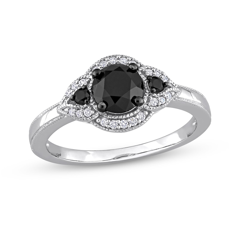 1.14 CT. T.W. Black Enhanced and White Diamond Frame Three Stone Engagement Ring in 14K White Gold