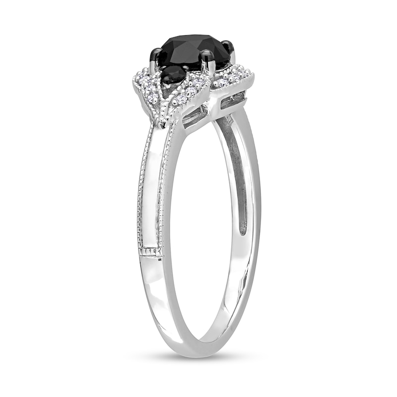 1.14 CT. T.W. Black Enhanced and White Diamond Frame Three Stone Engagement Ring in 14K White Gold