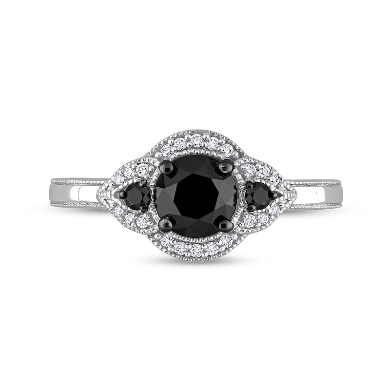 1.14 CT. T.W. Black Enhanced and White Diamond Frame Three Stone Engagement Ring in 14K White Gold