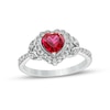 Thumbnail Image 0 of Heart-Shaped Lab-Created Ruby and White Lab-Created Sapphire Scallop Frame Leaf-Sides Flower Ring in Sterling Silver