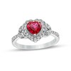 Thumbnail Image 0 of Heart-Shaped Lab-Created Ruby and White Lab-Created Sapphire Scallop Frame Leaf-Sides Flower Ring in Sterling Silver