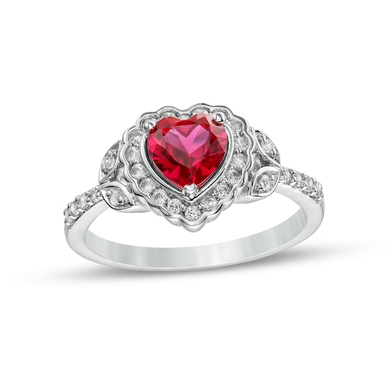Heart-Shaped Lab-Created Ruby and White Lab-Created Sapphire Scallop Frame Leaf-Sides Flower Ring in Sterling Silver