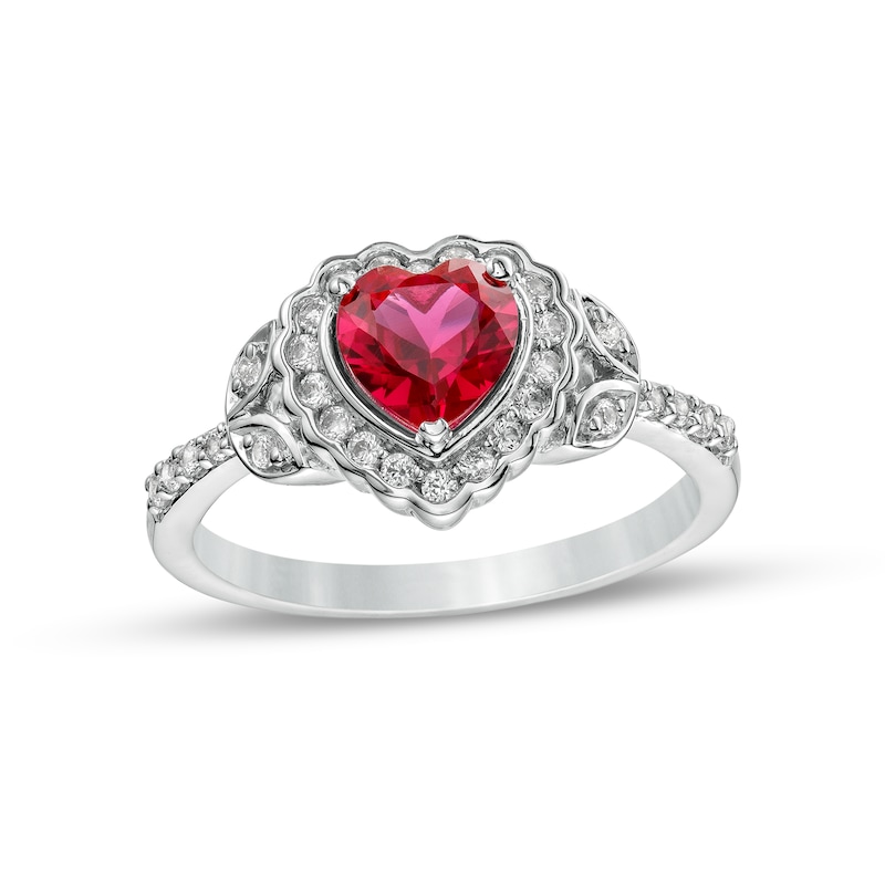 Main Image 1 of Heart-Shaped Lab-Created Ruby and White Lab-Created Sapphire Scallop Frame Leaf-Sides Flower Ring in Sterling Silver