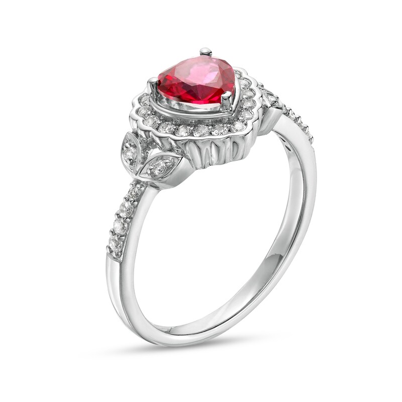 Main Image 3 of Heart-Shaped Lab-Created Ruby and White Lab-Created Sapphire Scallop Frame Leaf-Sides Flower Ring in Sterling Silver