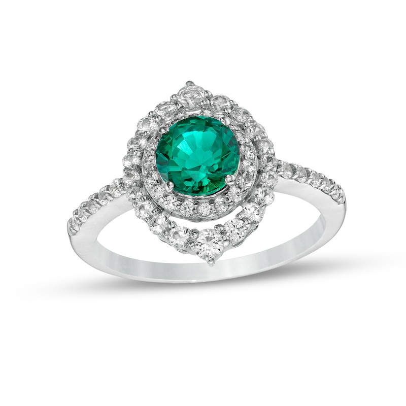 6.0mm Lab-Created Emerald and White Lab-Created Sapphire Double Crown Frame Ring in Sterling Silver