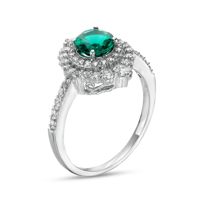 6.0mm Lab-Created Emerald and White Lab-Created Sapphire Double Crown Frame Ring in Sterling Silver