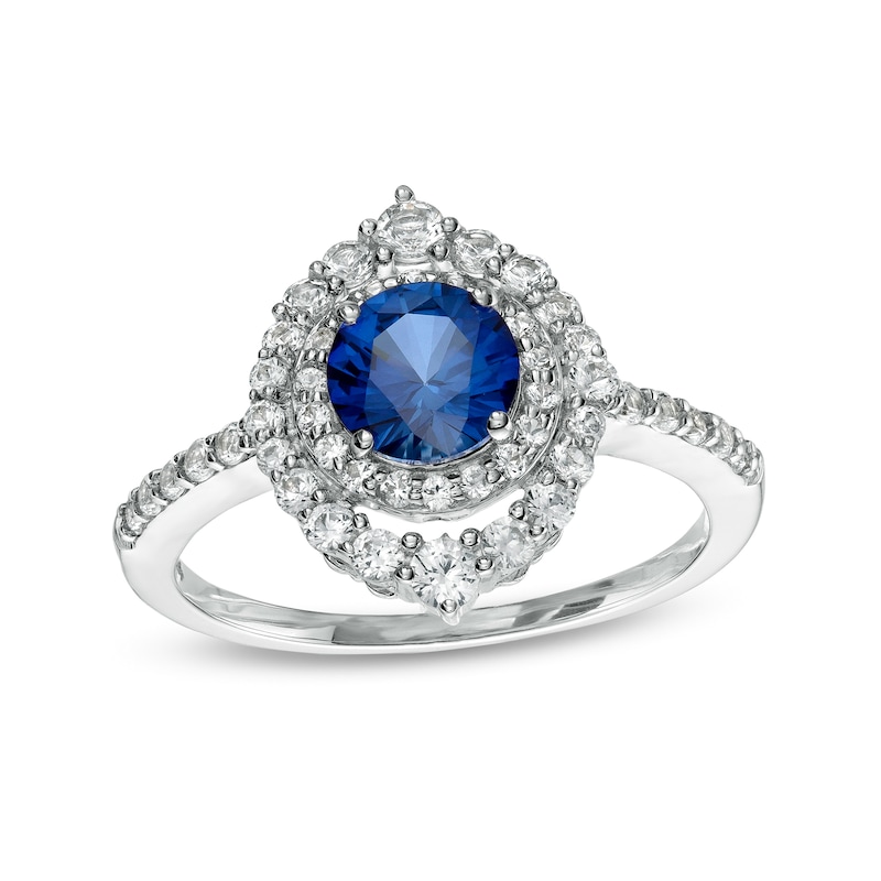 6.0mm Blue and White Lab-Created Sapphire Double Crown Frame Ring in Sterling Silver