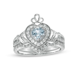 5.0mm Heart-Shaped Aquamarine and 0.29 CT. T.W. Diamond Frame Claddagh Bridal Set in Sterling Silver
