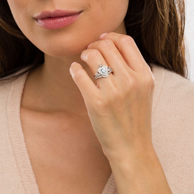 Main Image 2 of 5.0mm Heart-Shaped Aquamarine and 0.29 CT. T.W. Diamond Frame Claddagh Bridal Set in Sterling Silver