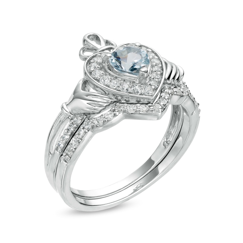 Main Image 3 of 5.0mm Heart-Shaped Aquamarine and 0.29 CT. T.W. Diamond Frame Claddagh Bridal Set in Sterling Silver