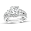 Thumbnail Image 1 of 7.0mm Heart-Shaped White Lab-Created Sapphire Three Stone Vintage-Style Bridal Set in Sterling Silver