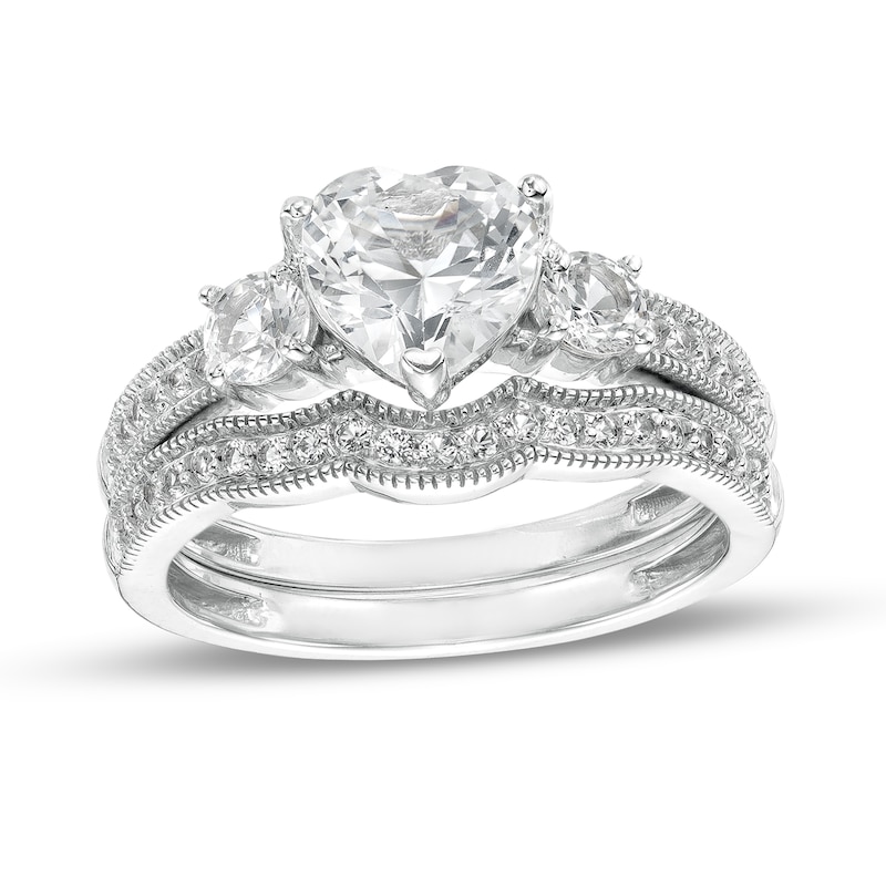 Main Image 1 of 7.0mm Heart-Shaped White Lab-Created Sapphire Three Stone Vintage-Style Bridal Set in Sterling Silver