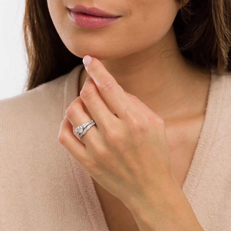 Main Image 2 of 7.0mm Heart-Shaped White Lab-Created Sapphire Three Stone Vintage-Style Bridal Set in Sterling Silver