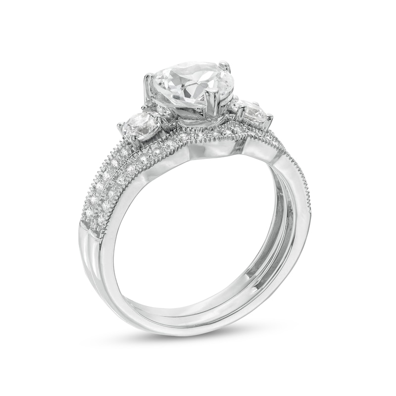Main Image 3 of 7.0mm Heart-Shaped White Lab-Created Sapphire Three Stone Vintage-Style Bridal Set in Sterling Silver