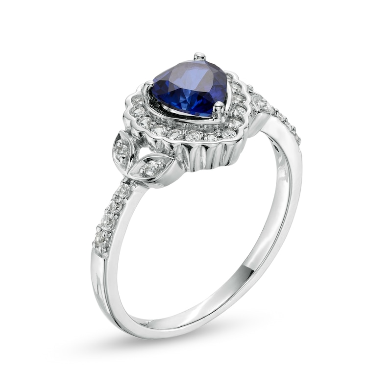 6.0mm Heart-Shaped Blue and White Lab-Created Sapphire Scallop Frame Leaf-Sides Flower Ring in Sterling Silver