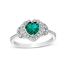 Thumbnail Image 0 of Heart-Shaped Lab-Created Emerald and White Lab-Created Sapphire Scallop Frame Leaf-Sides Flower Ring in Sterling Silver