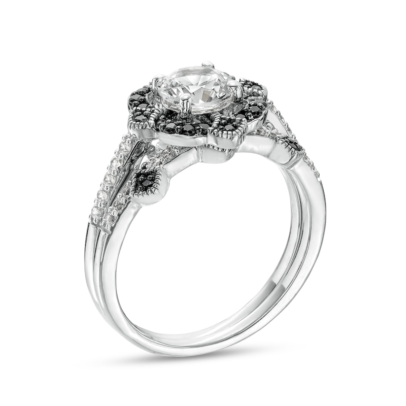 White Lab-Created Sapphire and 0.18 CT. T.W. Black Enhanced Diamond Compass Frame Tiara Bridal Set in Sterling Silver