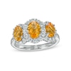 Thumbnail Image 1 of Oval Citrine and White Lab-Created Sapphire Frame Three Stone Ring in Sterling Silver