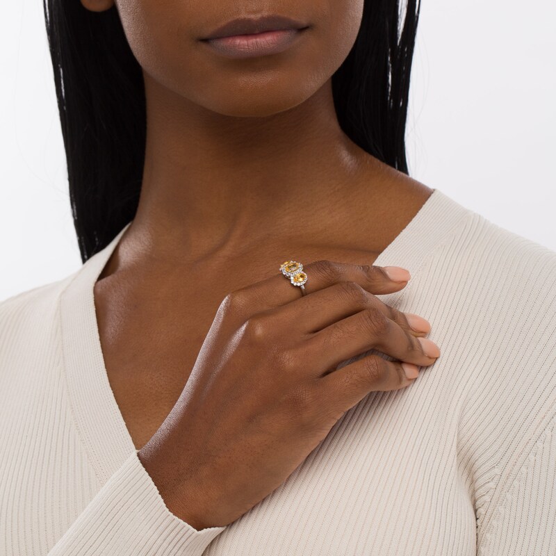 Main Image 2 of Oval Citrine and White Lab-Created Sapphire Frame Three Stone Ring in Sterling Silver