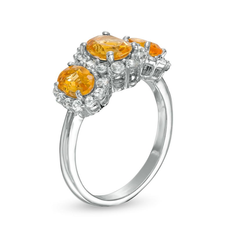 Main Image 3 of Oval Citrine and White Lab-Created Sapphire Frame Three Stone Ring in Sterling Silver