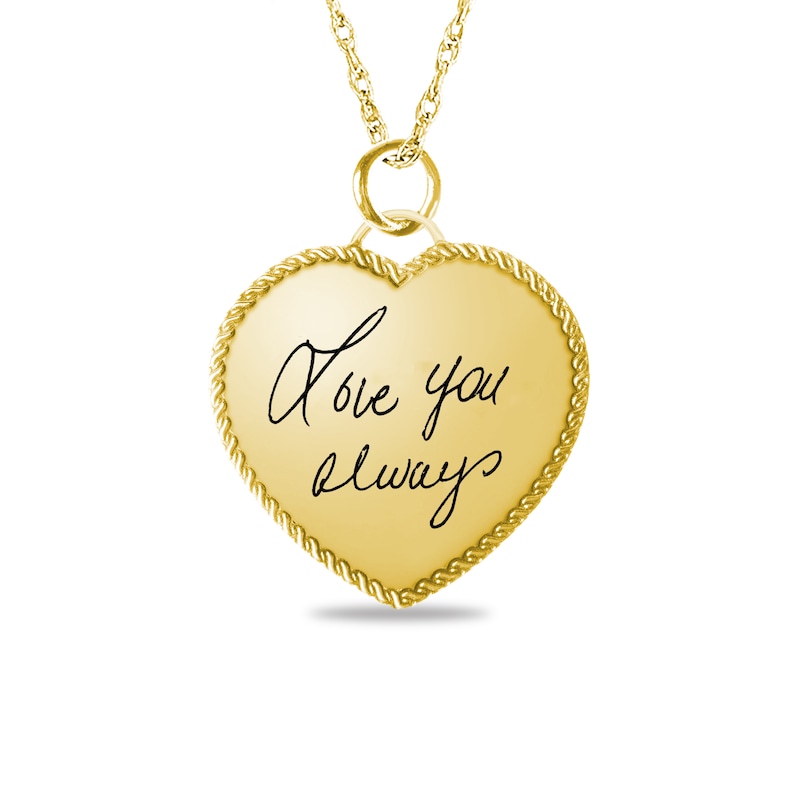 Main Image 1 of Engravable Your Own Handwriting Rope Frame Heart Pendant in 10K White, Yellow or Rose Gold (1 Image and 2 Lines)