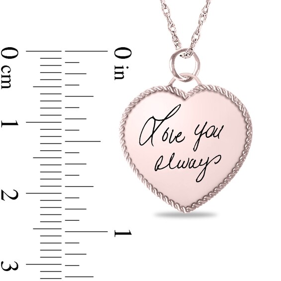 Engravable Your Own Handwriting Rope Frame Heart Pendant in 10K White, Yellow or Rose Gold (1 Image and 2 Lines)