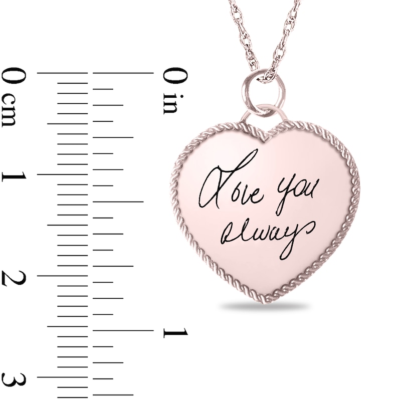 Main Image 3 of Engravable Your Own Handwriting Rope Frame Heart Pendant in 10K White, Yellow or Rose Gold (1 Image and 2 Lines)