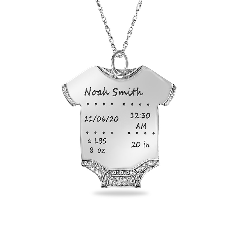 Main Image 1 of Engravable Birth Stats Baby Onesie Pendant in Sterling Silver (5-8 Lines)