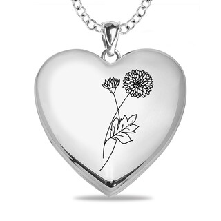 Birth Flower and Photo Heart Locket in Sterling Silver (1 Month, Line and 1-2 Images)