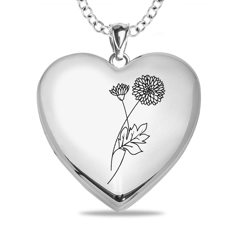 Birth Flower and Photo Heart Locket in Sterling Silver (1 Month, Line and 1-2 Images)