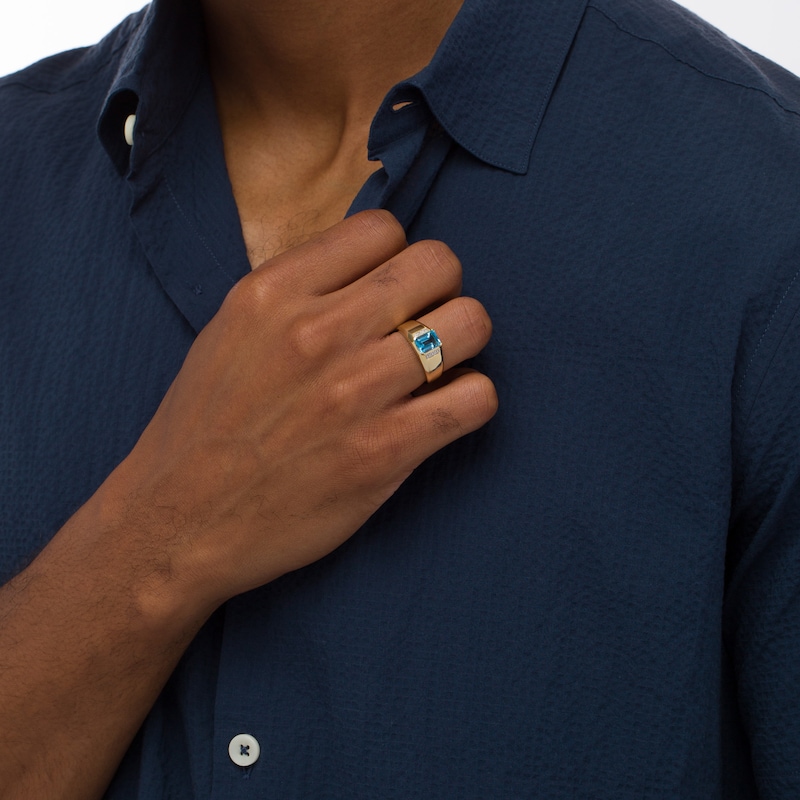 Main Image 2 of Men's Emerald-Cut Swiss Blue Topaz and Diamond Accent Collar Ring in 10K Gold