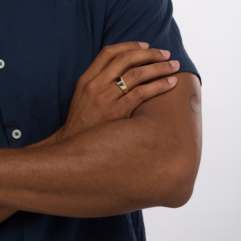 Main Image 2 of Men's Emerald-Cut Garnet and Diamond Accent Collar Ring in 10K Gold