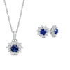 Blue and White Lab-Created Sapphire Sunburst Frame Pendant and Stud Earrings Set in 10K White Gold