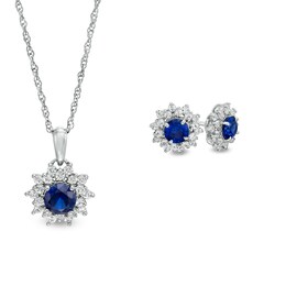 Blue and White Lab-Created Sapphire Sunburst Frame Pendant and Stud Earrings Set in 10K White Gold