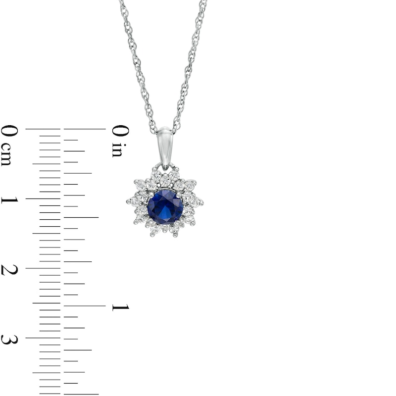 Blue and White Lab-Created Sapphire Sunburst Frame Pendant and Stud Earrings Set in 10K White Gold