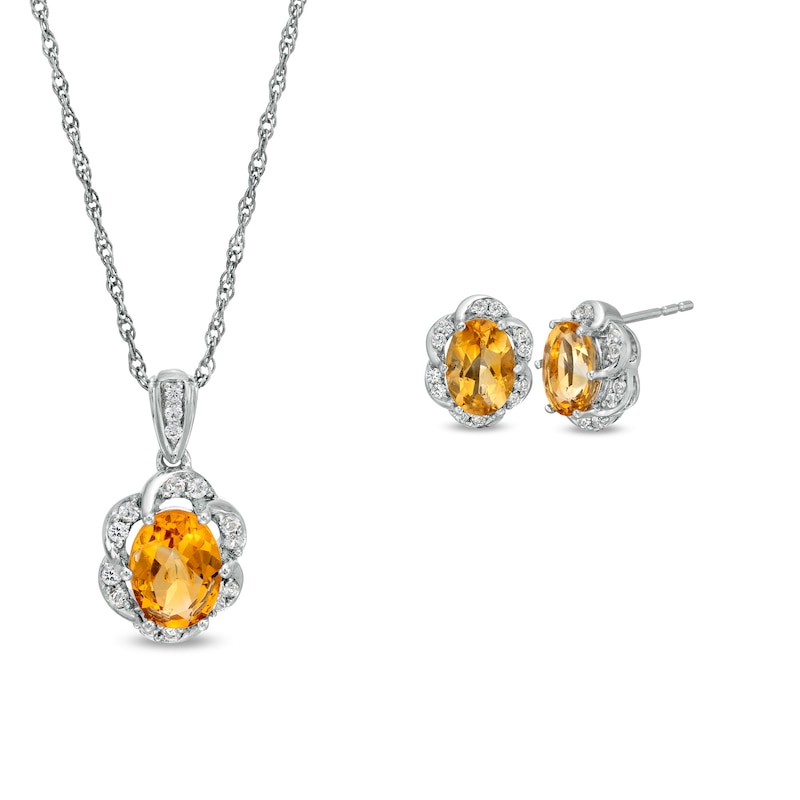 Oval Citrine and White Lab-Created Sapphire Scallop Frame Floral Pendant and Stud Earrings Set in Sterling Silver|Peoples Jewellers