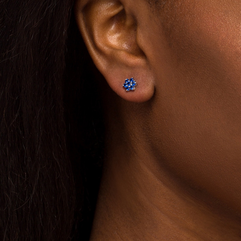 Blue Lab-Created Sapphire Flower Stud Earrings in 10K White Gold