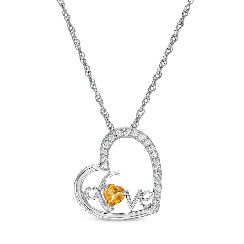 4.0mm Citrine and White Lab-Created Sapphire Cursive "Love" Tilted Heart Pendant in Sterling Silver