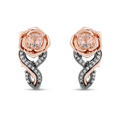 Enchanted Disney Aurora Morganite and 0.085 CT. T.W. Diamond Rose Drop Earrings in Sterling Silver and 10K Rose Gold