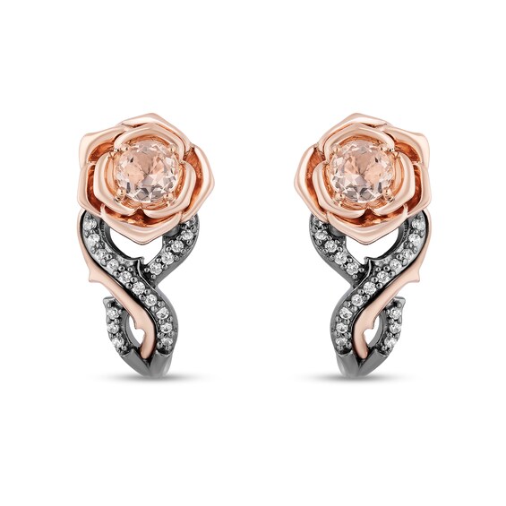 Enchanted Disney Aurora Morganite and 0.085 CT. T.W. Diamond Rose Drop Earrings in Sterling Silver and 10K Rose Gold