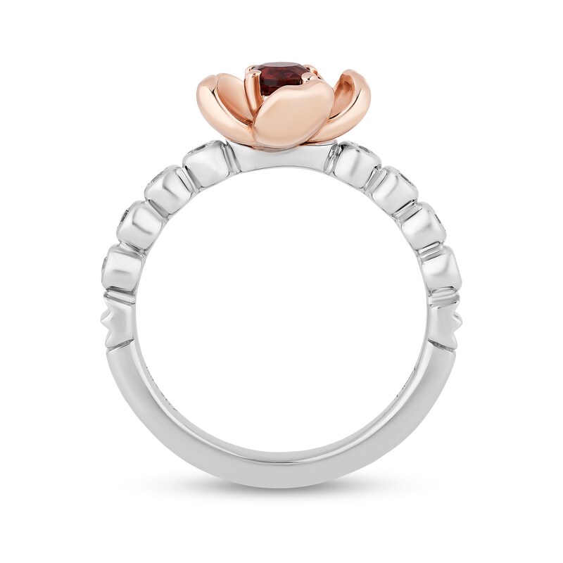 Enchanted Disney Snow White Garnet and 0.085 CT. T.W. Diamond Flower Ring in Sterling Silver and 10K Rose Gold - Size 7