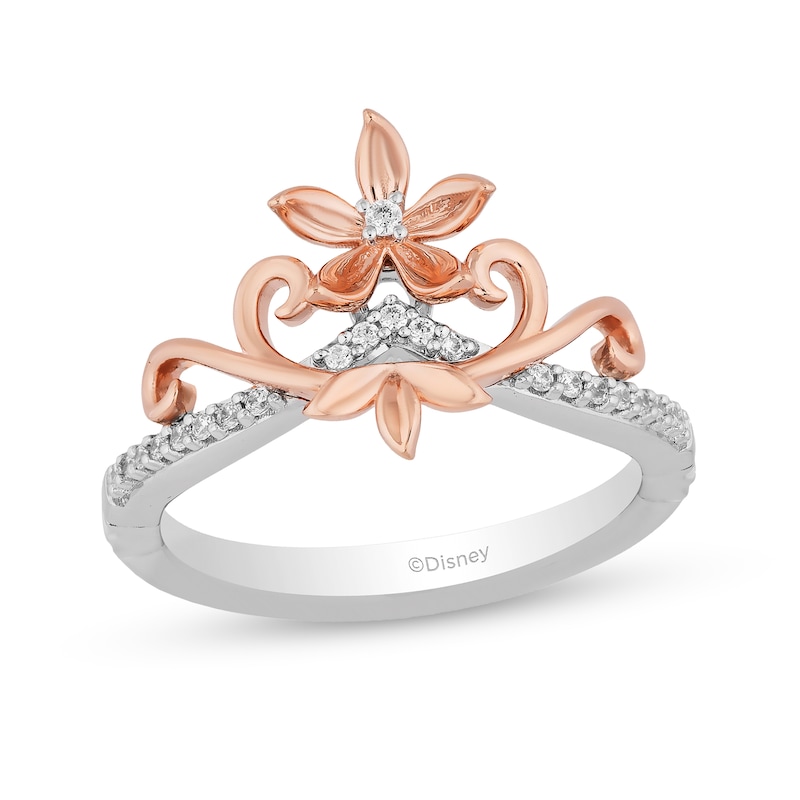 Enchanted Disney Rapunzel 0.085 CT. T.W. Diamond Flower Tiara Ring in Sterling Silver and 10K Rose Gold – Size 7