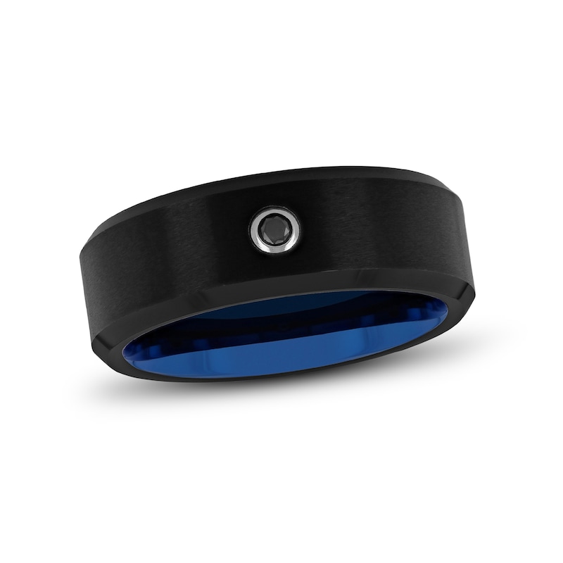 Men's 0.05 CT. Black Enhanced Diamond Bevelled Edge Comfort-Fit Wedding Band in Tungsten with Black and Blue IP (1 Line)